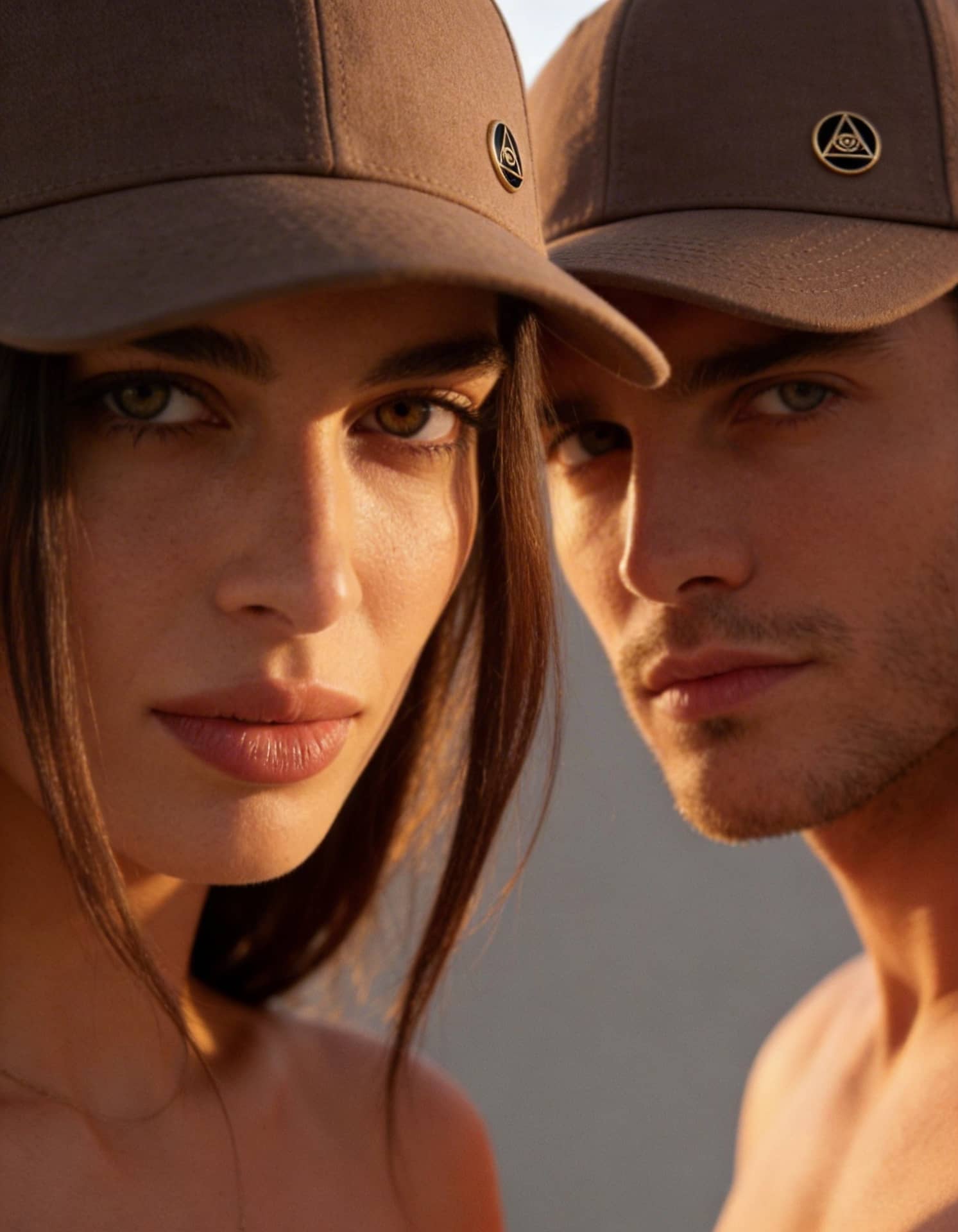 Two models wearing MELA caps in close-up