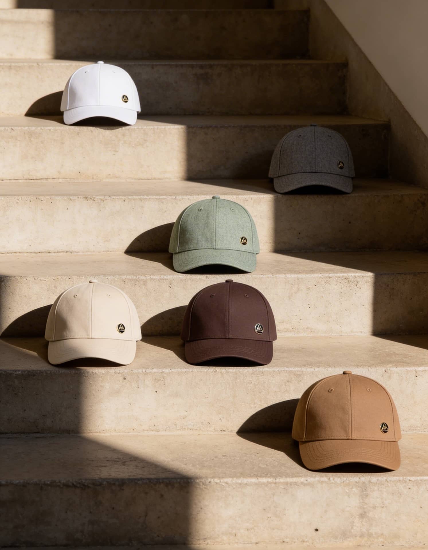 MELA caps arranged on a concrete staircase